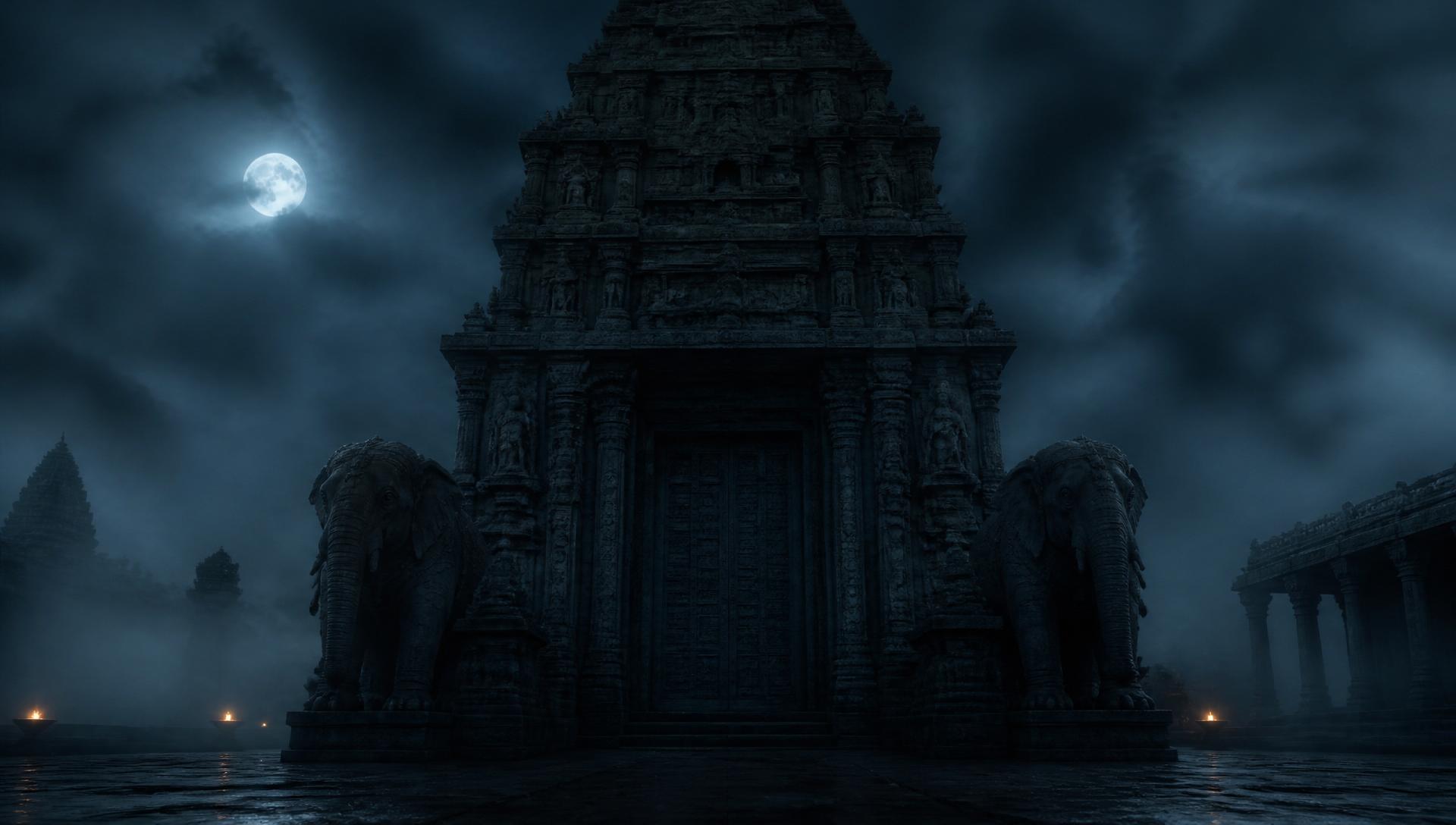 Ancient Chola temple at dusk