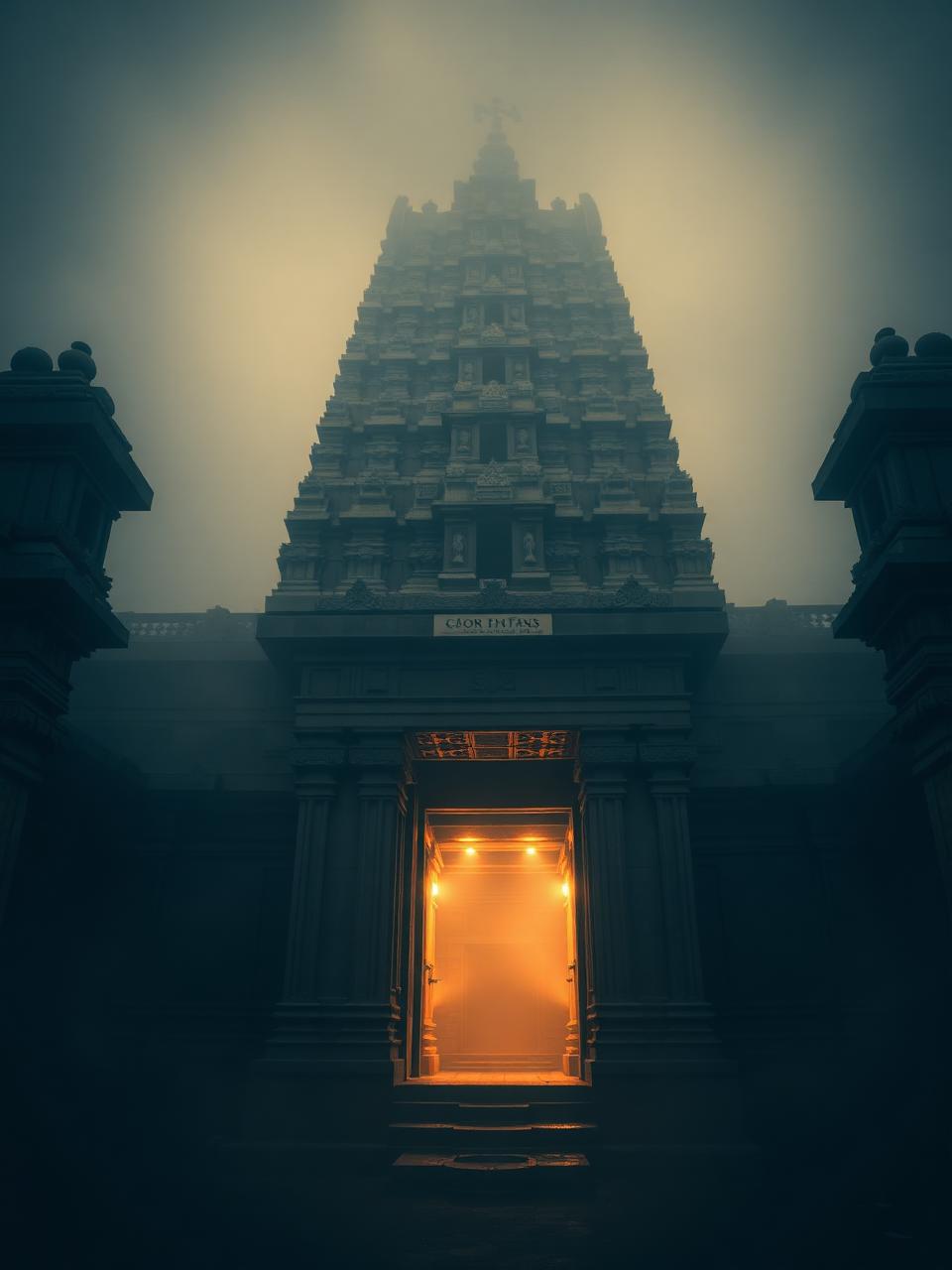 The Temple — The gopuram rises from the mist.